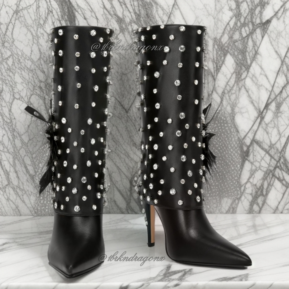 NWT EMBELLISHED BOOTIES WANG BOOTS BNIOB STILETTOS DIAMONDS FEATHERS - Picture 9 of 16